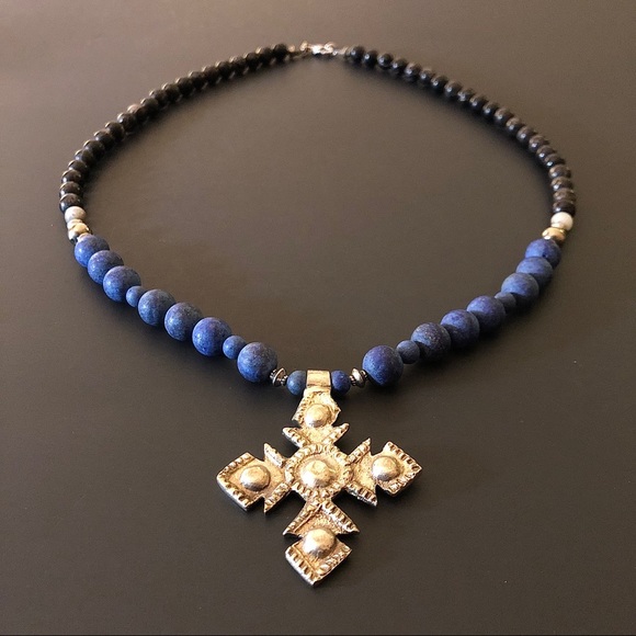 Lapiz & Jasper Necklace w/ Ethiopian Coptic Cross - Picture 5 of 5
